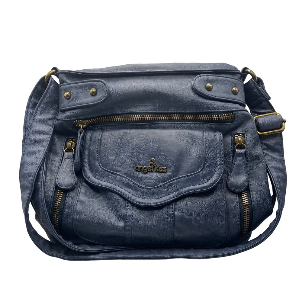 Angelโ Kiss Crossbody Bag Medium Blue Embossed Paisley Multi-Pocket Hobo Purse